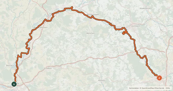 Kartenübersicht der Radroute EV4 Germany, Bamberg - Bayreuth