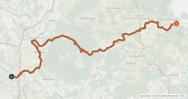 Kartenübersicht der Radroute EV4 Germany, Bayreuth - border