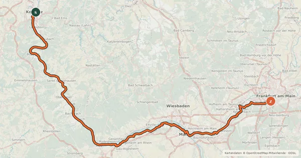 Kartenübersicht der Radroute EV4 Germany, Koblenz - Frankfurt