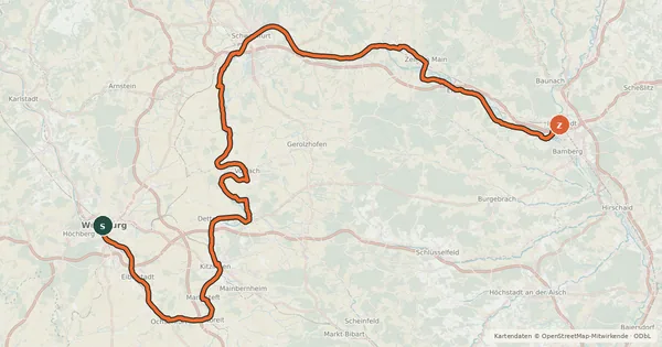 Kartenübersicht der Radroute EV4 Germany, Wurzburg - Bamberg