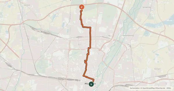 Kartenübersicht der Radroute Fahrradhauptroute Marienplatz - Harthof - Hasenbergl