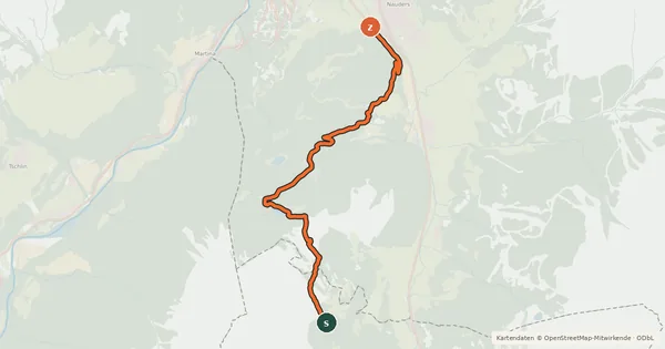 Kartenübersicht der Radroute Fimberpass - Val d'Uina - Reschenpass Etappe 3 (Schleis Mals - Nauders)