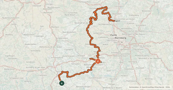 Kartenübersicht der Radroute Fränkischer Karpfen-Radweg