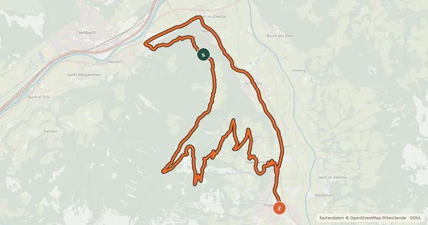 Kartenübersicht der Radroute Fügen - Öxltal - Schlitterberg - Straß