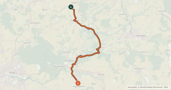 Kartenübersicht der Radroute Fürstenroute Lippe (Ergänzungsroute blau), Abschnitt Asendorf-Dörentrup.