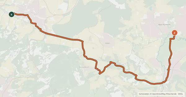 Kartenübersicht der Radroute Fürstenroute Lippe (Ergänzungsroute blau), Abschnitt Barntrup - Bad Pyrmont / Tierpark Eingang