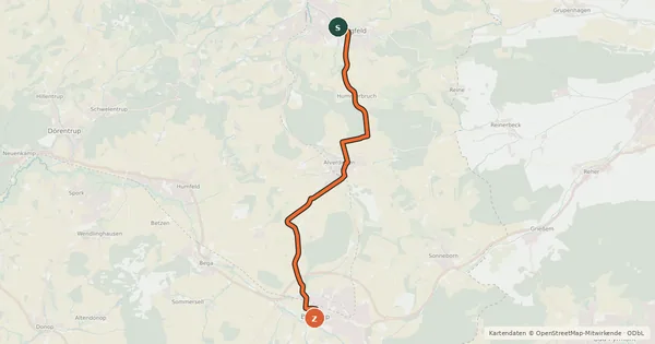 Kartenübersicht der Radroute Fürstenroute Lippe (Ergänzungsroute blau), Abschnitt Bösingfeld-Barntrup.