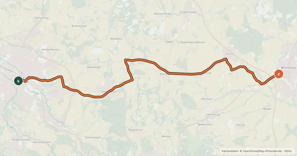Kartenübersicht der Radroute Fürstenroute Lippe (Ergänzungsroute blau), Abschnitt Detmold / Blomberg