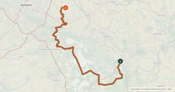 Kartenübersicht der Radroute Fürstenroute Lippe (Ergänzungsroute blau), Abschnitt Horn-Leopoldshöhe.