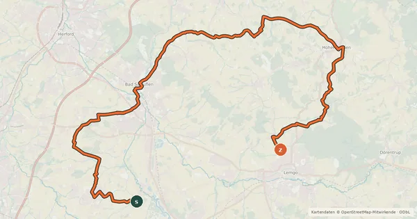 Kartenübersicht der Radroute Fürstenroute Lippe (Ergänzungsroute blau), Abschnitt Pottenhausen-Lemgo.