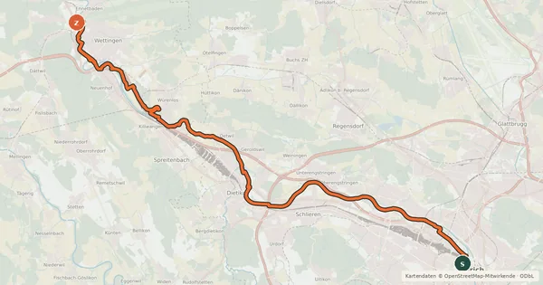 Kartenübersicht der Radroute Goldküste-Limmat