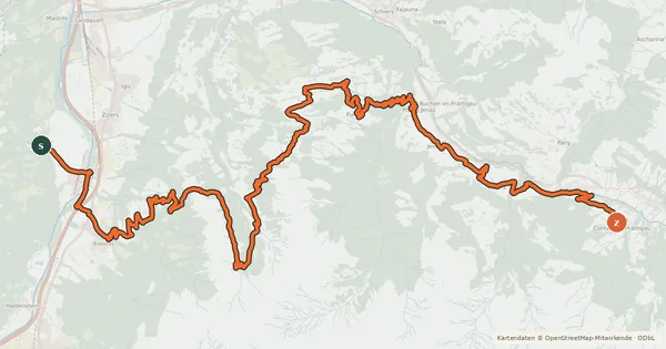 Kartenübersicht der Radroute Graubünden Bike - Etappe 3 (Untervaz–Küblis)