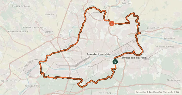 Kartenübersicht der Radroute GrünGürtel-Radrundweg Frankfurt