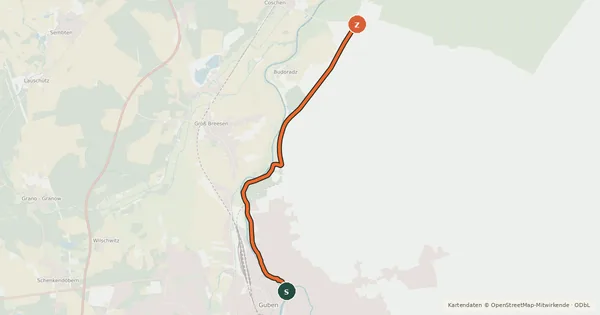 Kartenübersicht der Radroute Gubin-KrosnoOdrzańskie