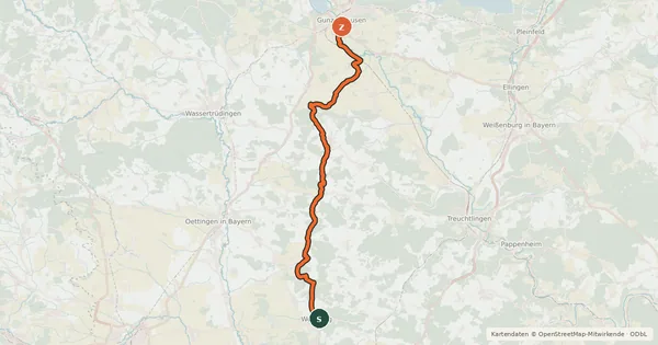 Kartenübersicht der Radroute Gunzenhausen - Hahnenkamm - Ries