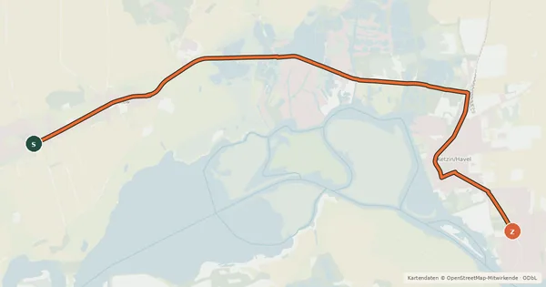 Kartenübersicht der Radroute Gutpaaren (84) - Ketzin (86)