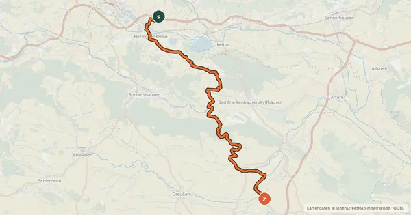 Kartenübersicht der Radroute Harz-Kyffhäuser-Rennsteig-Radweg