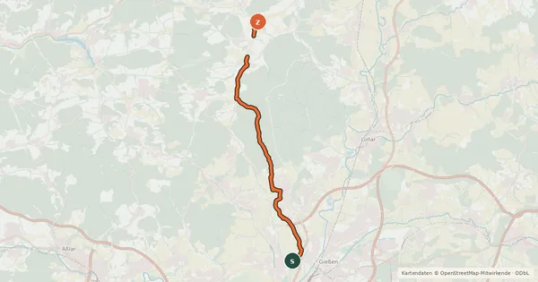 Kartenübersicht der Radroute Hauptroute 14 Gießen-Marburg