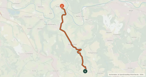 Kartenübersicht der Radroute Hennef Darscheid (13) - Hennef Bülgenauel (24)