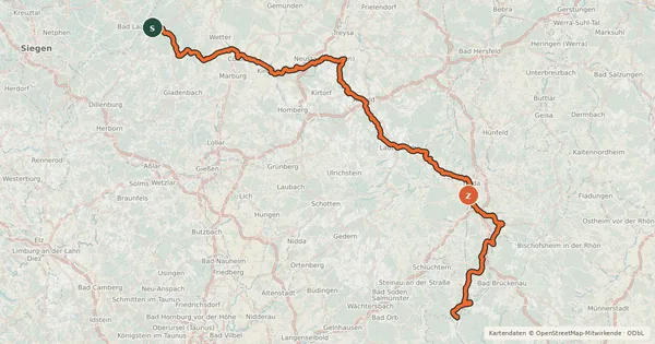 Kartenübersicht der Radroute Hessischer Radfernweg R2