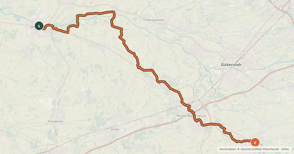 Kartenübersicht der Radroute Historische Stadtkerne - Etappe 1 (Warendorf - Rietberg)