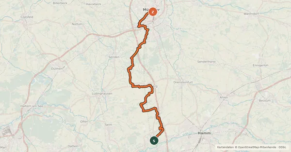 Kartenübersicht der Radroute Historische Stadtkerne - Etappe 4 (Werne - Münster)