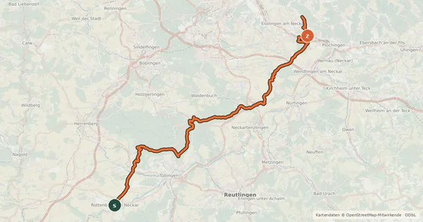 Kartenübersicht der Radroute Hohenzollern-Weg Abschnitt Esslingen-Rottenburg