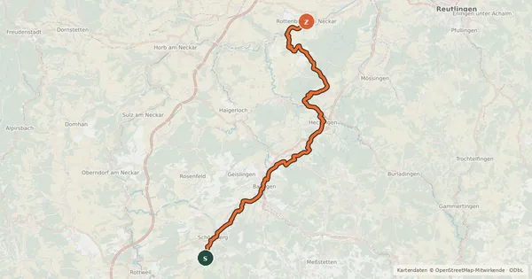 Kartenübersicht der Radroute Hohenzollern-Weg Abschnitt Tuttlingen-Rottenburg