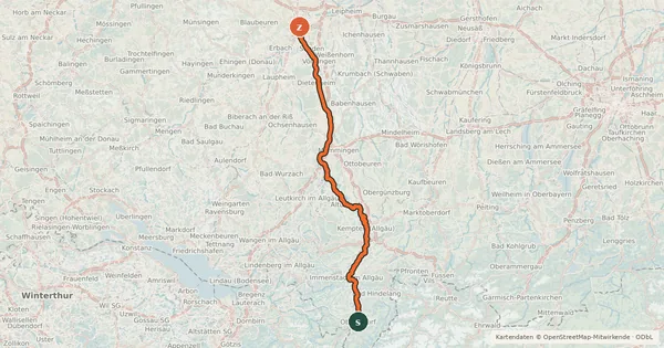 Kartenübersicht der Radroute Iller-Radweg