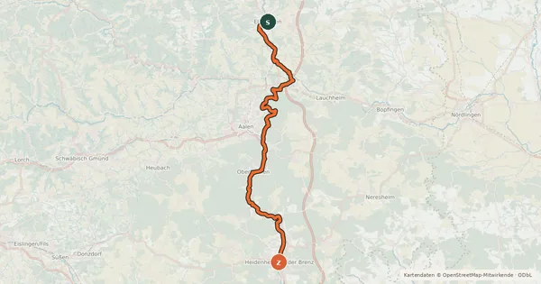 Kartenübersicht der Radroute Jakobus Radpilgerweg Ellwangen – Heidenheim an der Brenz