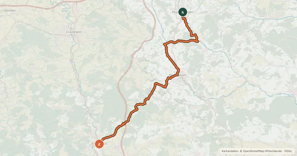 Kartenübersicht der Radroute Jakobus Radpilgerweg Feuchtwangen – Ellwangen