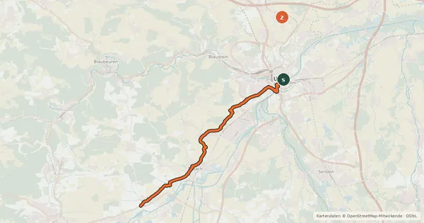 Kartenübersicht der Radroute Jakobus Radpilgerweg (Swabian branch to Oberdischingen)