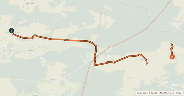 Kartenübersicht der Radroute Jeber-Bergfrieden - Cobbelsdorf - Senst und zurück