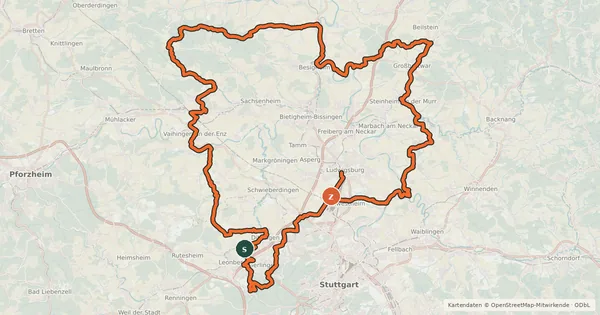 Kartenübersicht der Radroute Jubiläumsradweg 50 Jahre Landkreis Ludwigsburg