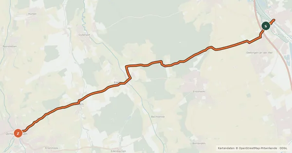 Kartenübersicht der Radroute Kellmünz - Ochsenhausen