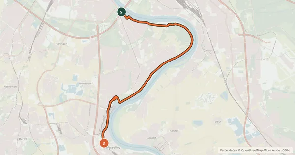 Kartenübersicht der Radroute Köln (50) - Wesseling (75)