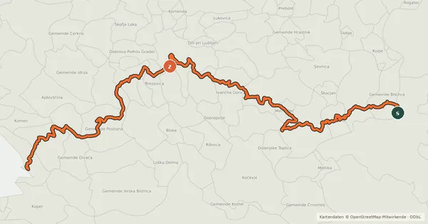 Kartenübersicht der Radroute Kolesarska Jakobova pot Slovenija Camino