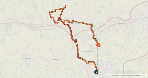 Kartenübersicht der Radroute Kreis Herford - Geschichts-Route 2 (Die Zeit von Tabak und Zigarren)