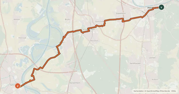 Kartenübersicht der Radroute Kurpfalzroute Radweg von Heidelberg nach Speyer