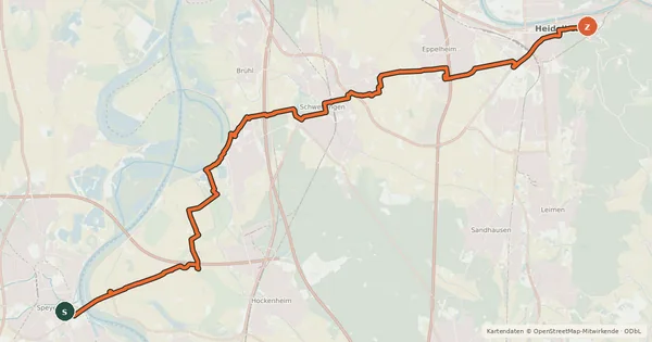 Kartenübersicht der Radroute Kurpfalzroute Radweg von Speyer nach Heidelberg