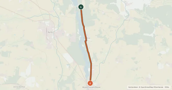 Kartenübersicht der Radroute Kyritz (39) - Wusterhausen (52)