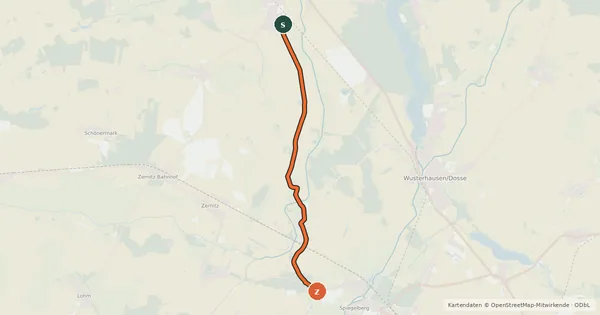 Kartenübersicht der Radroute Kyritz (42) - Neustadt (62)