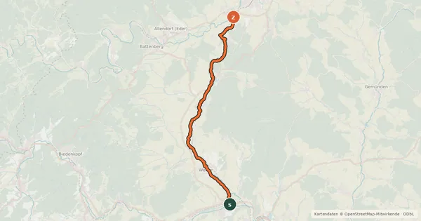 Kartenübersicht der Radroute Lahn-Eder-Radweg