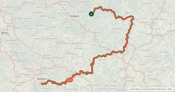 Kartenübersicht der Radroute Lahnradweg