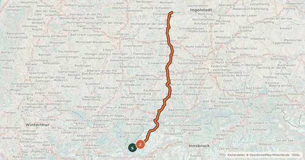 Kartenübersicht der Radroute Lechradweg