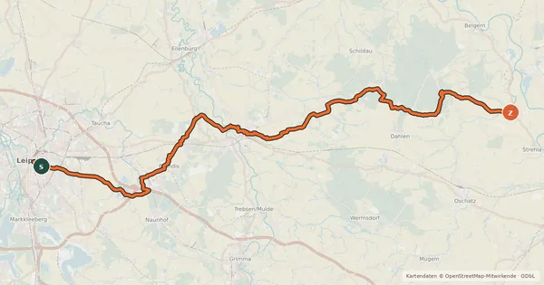 Kartenübersicht der Radroute Leipzig–Elbe-Radroute
