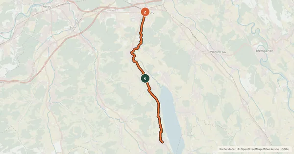 Kartenübersicht der Radroute Lenzburg - Beinwil am See