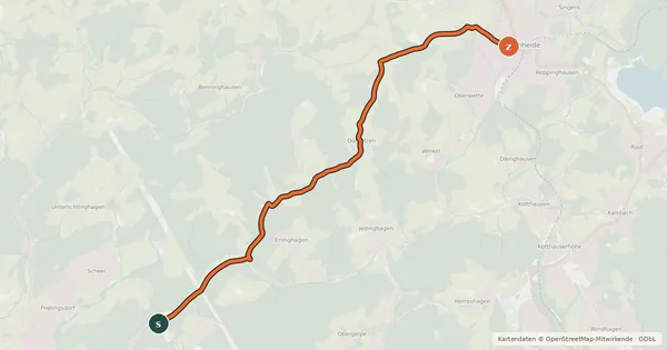 Kartenübersicht der Radroute Lindlar (44) - Marienheide (55)