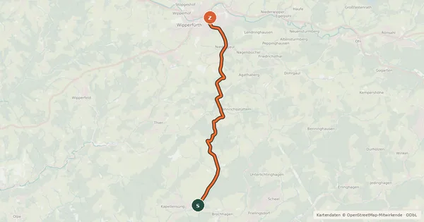 Kartenübersicht der Radroute Lindlar (71) - Wipperfürth (75)