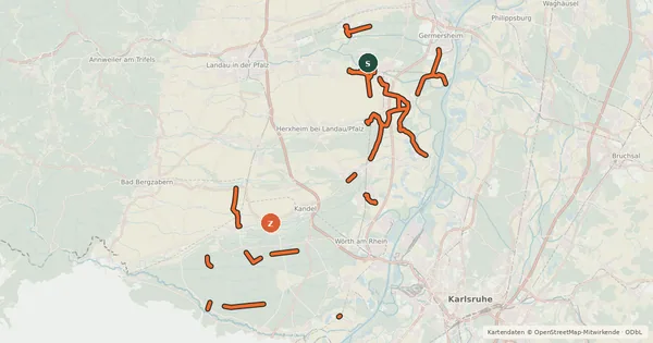 Kartenübersicht der Radroute Lokales Radwegenetz Landkreis Germersheim